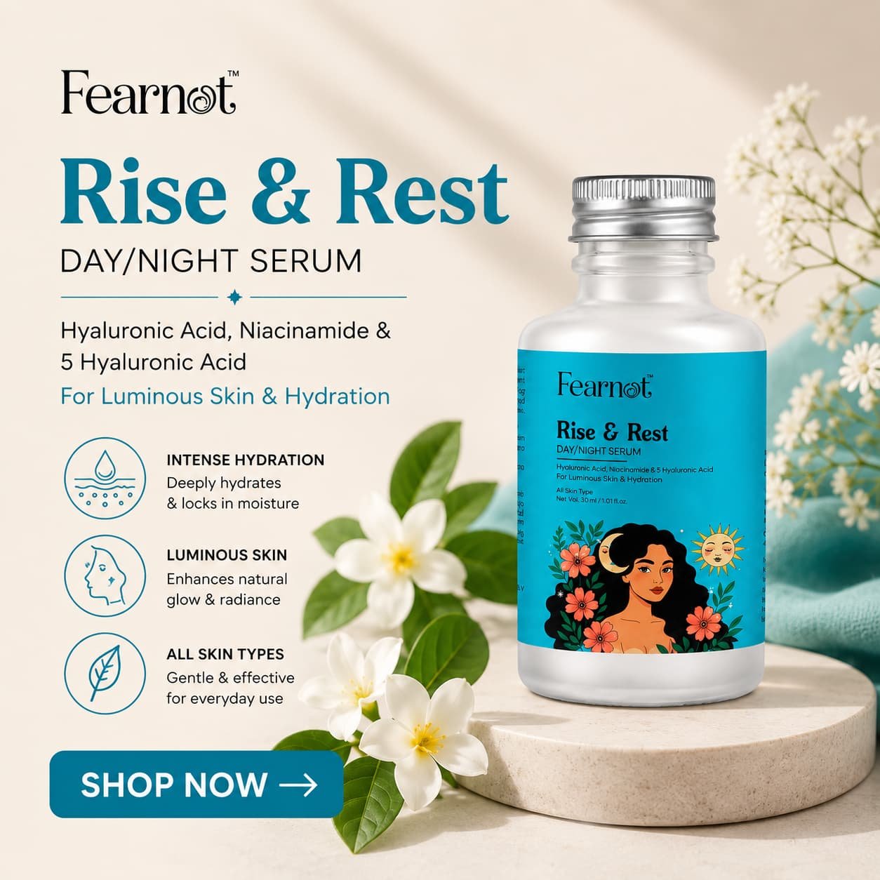 Rise & Rest skincare serum advert 1080px